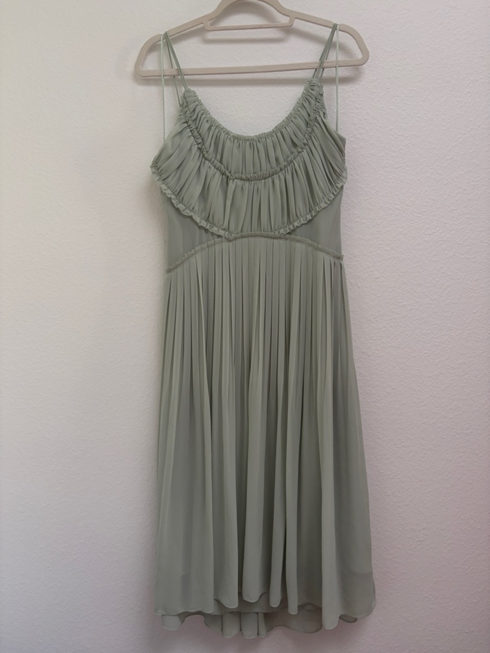 Reiss Light Sage Green Pleated Midi Dress with Ruffled Bodice